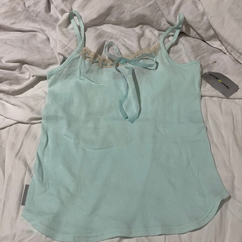 DKNY jeans turquoise L ribbed tank cami ribbon lace tie neckline nwt cotton
